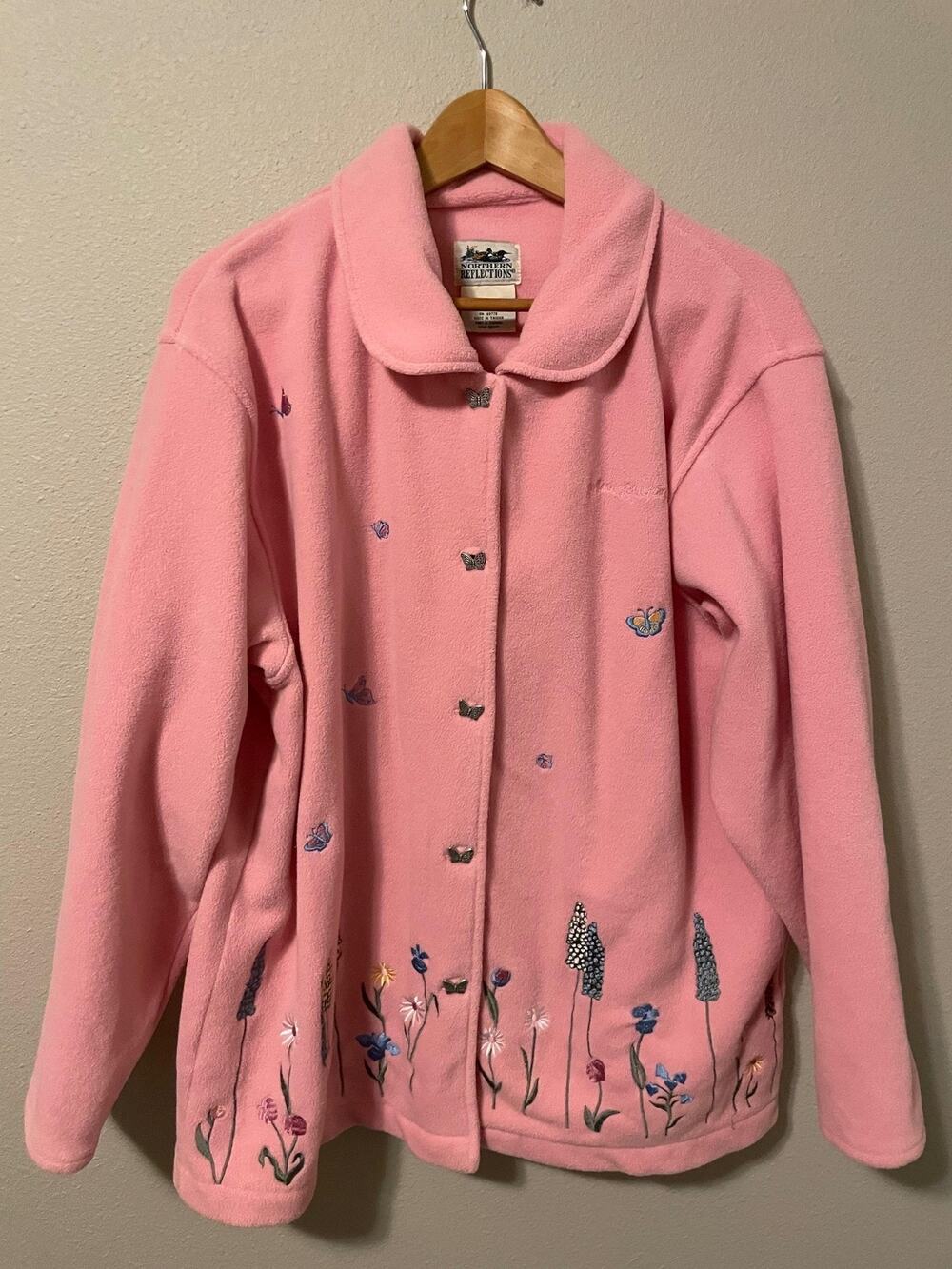 Vintage Northern Reflections Jacket Womens XL Pink Floral Butterfly Embroidered